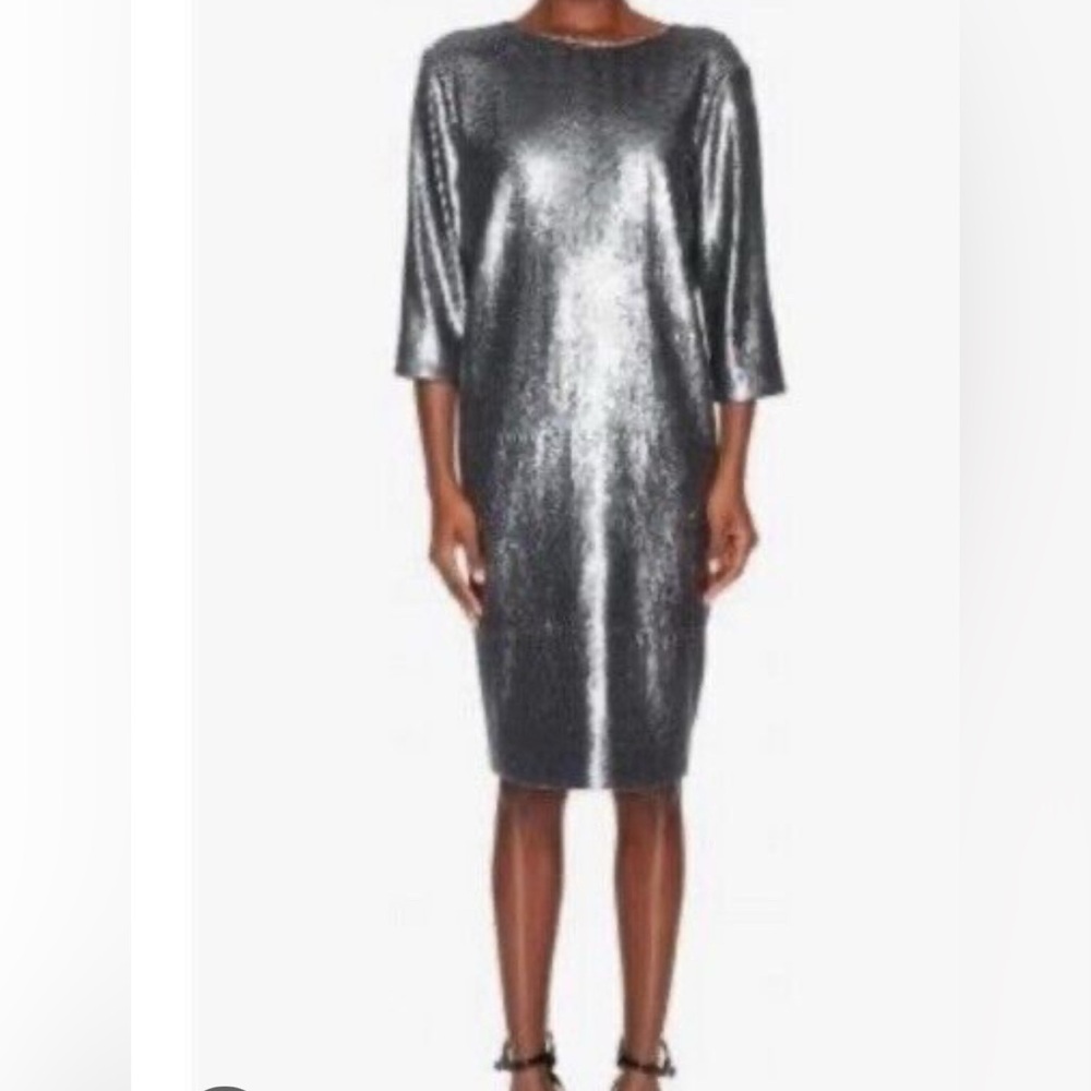 Escada Silver Sequin Sheath Dress 3/4 Sleeve Cocktail
